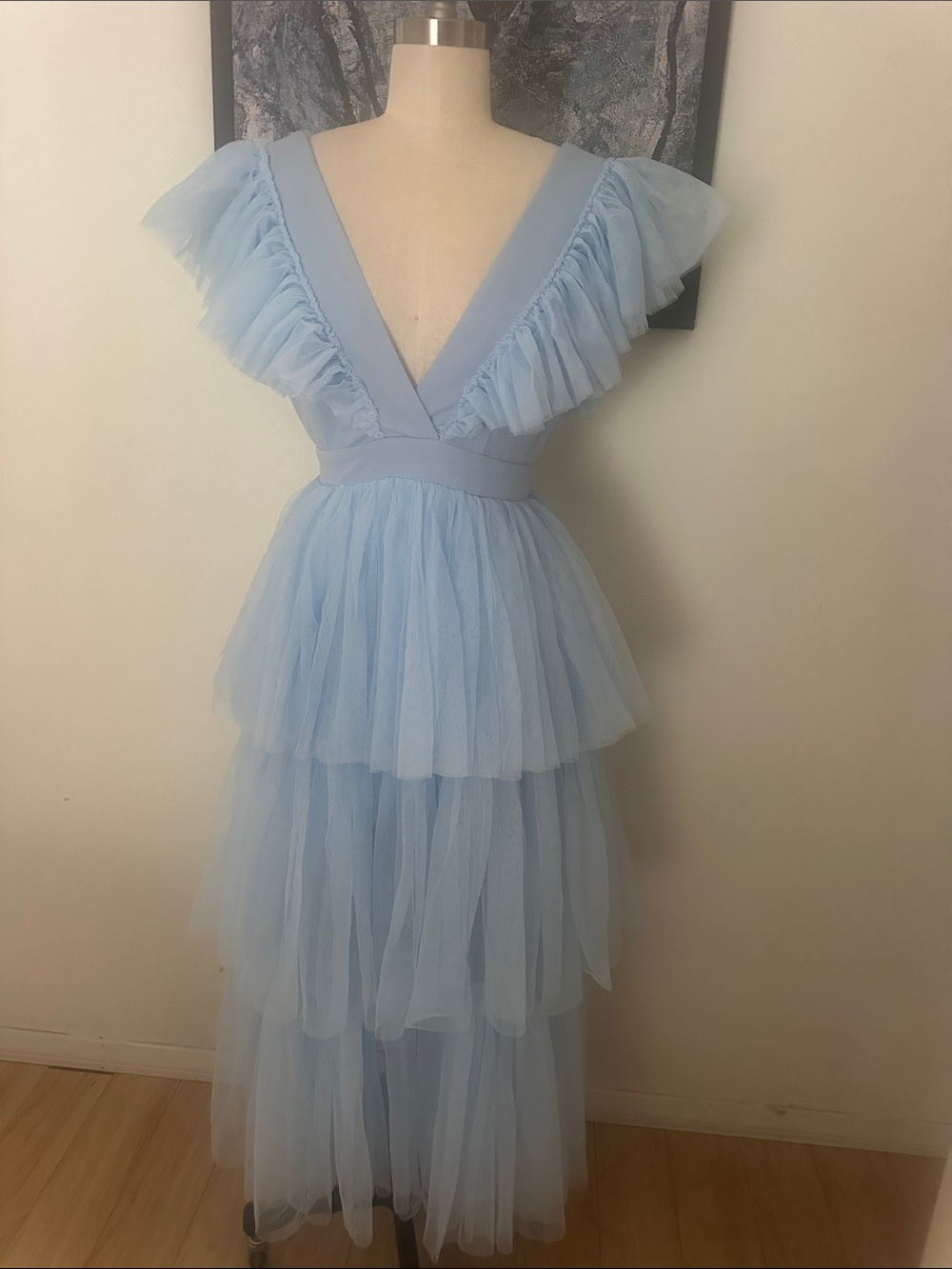 Soft Blue Tiered V-Neck Maxi Dress